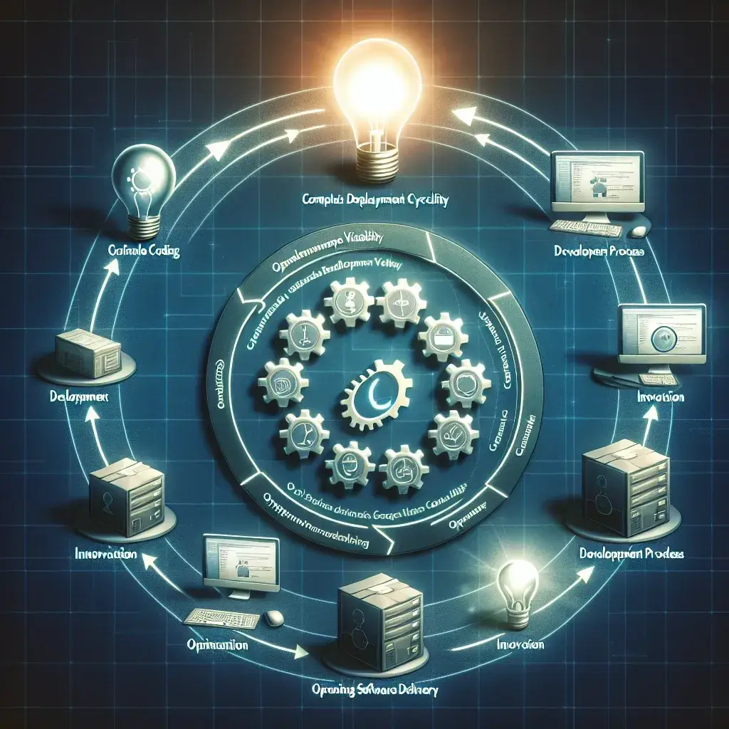 Alt text: "Gráfico ilustrativo mostrando el ciclo de despliegue de software, destacando soluciones para mejorar la visibilidad y optimizar la entrega. Artículo sobre la gestión efectiva del ciclo de vida del software."