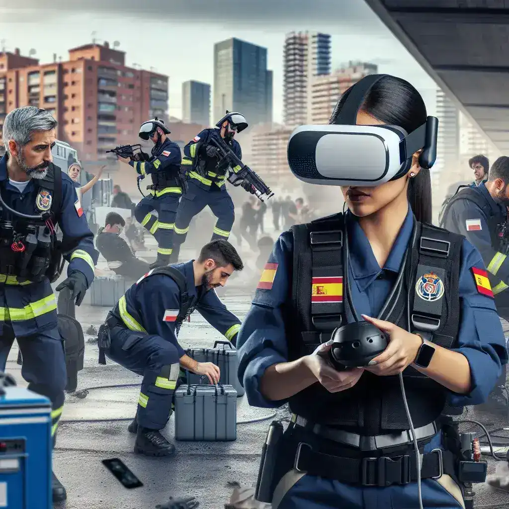 "Volunteers at a Spanish civil protection center using virtual reality technology for urban emergency simulation training"