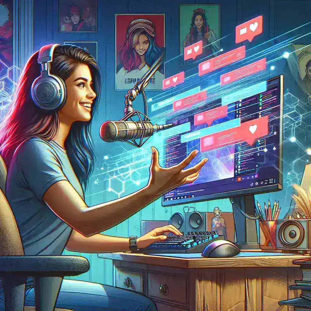 "Novato en Twitch aprendiendo sobre transmisión en vivo, rodeado de equipo de streaming y gráficos de interacción, ilustrando consejos para nuevos creadores de contenido en la plataforma."