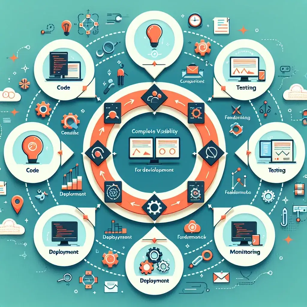 "Diagrama ilustrativo de soluciones para la visibilidad completa del ciclo de despliegue en equipos de desarrollo, destacando herramientas y estrategias clave para mejorar la eficiencia y colaboración en el proceso de desarrollo de software."