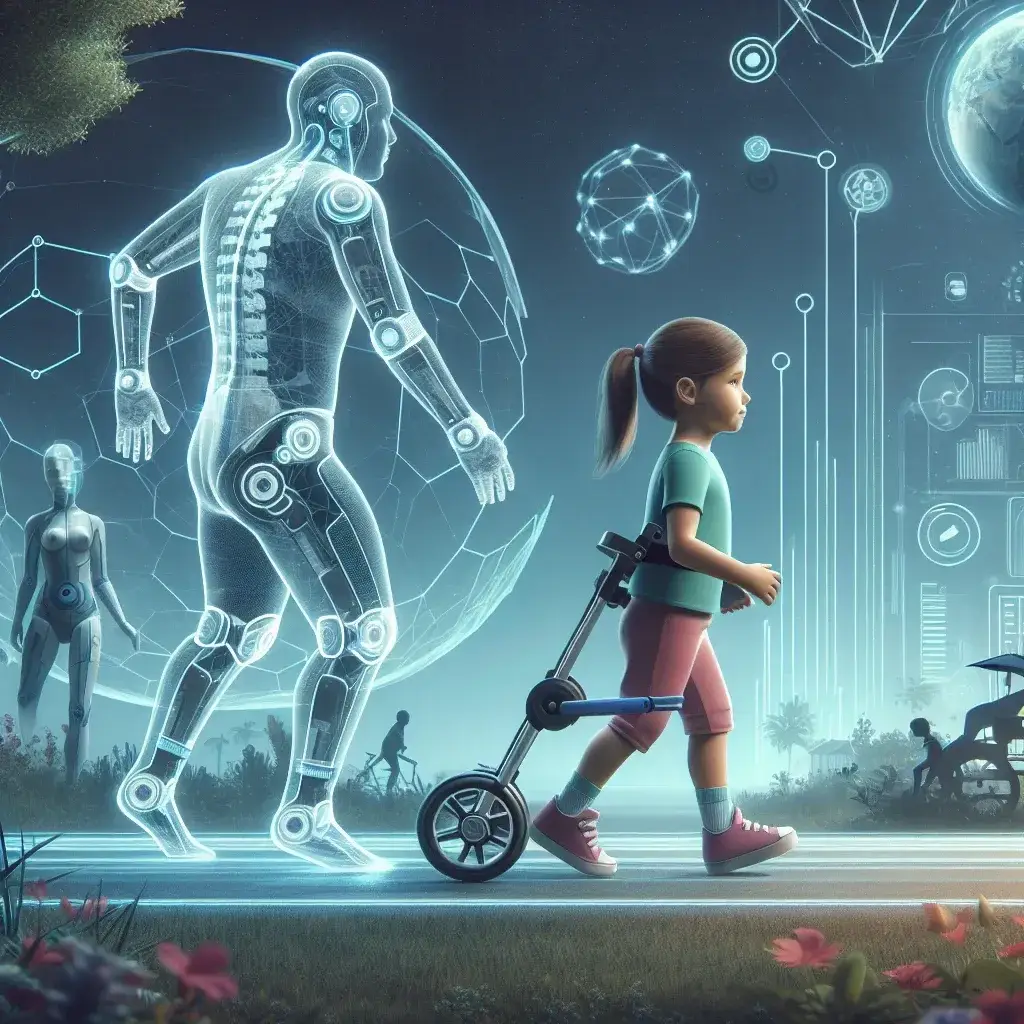 "Exoesqueleto pediátrico innovador de Marsi Bionics, diseñado por Elena García Armada, que ofrece soporte y movilidad a niños con discapacidades motoras, en un entorno clínico."
